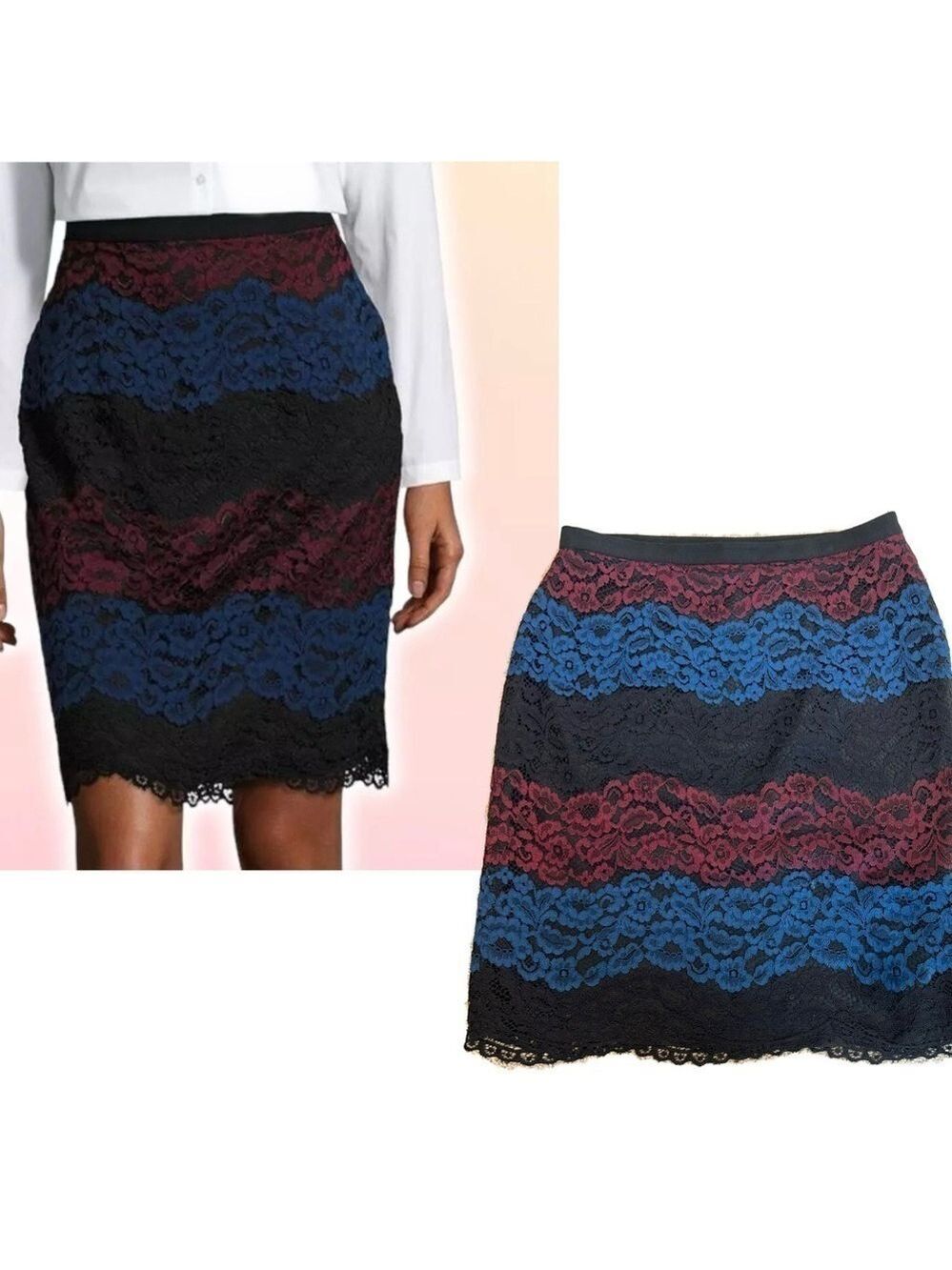 Karl Lagerfeld Burgundy red blue black striped lace pencil skirt Sz 8